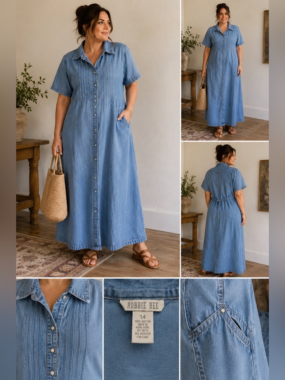 Vintage Chambray Denim Maxi Dress Minimalist Prairie Button Front Size 14